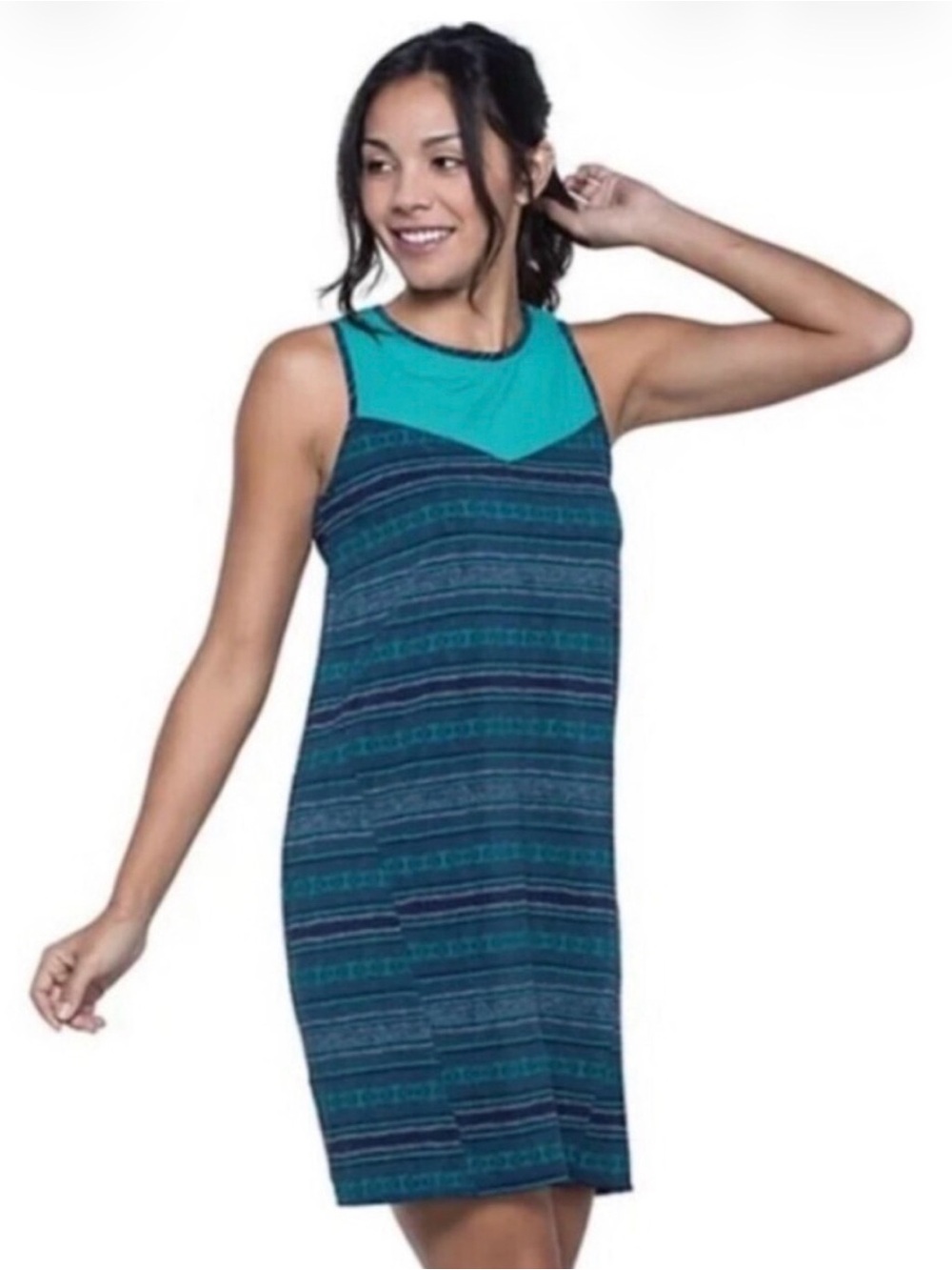 Toad&Co Blue Striped A-Line Active Dress with Teal Yoke